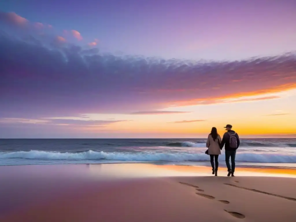 Imagen detallada de una playa serena en Punta del Este al atardecer, reflejando tranquilidad