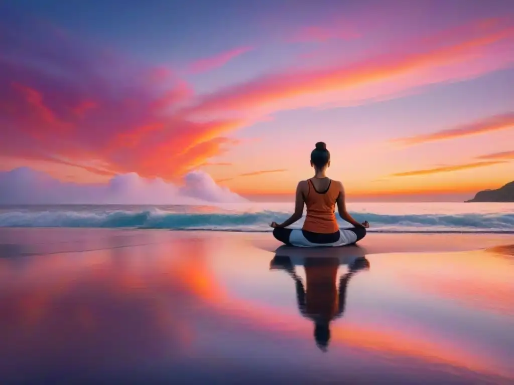 Una imagen detallada de una playa serena al atardecer, con tonos anaranjados y rosados pintando el cielo, reflejándose en las tranquilas aguas