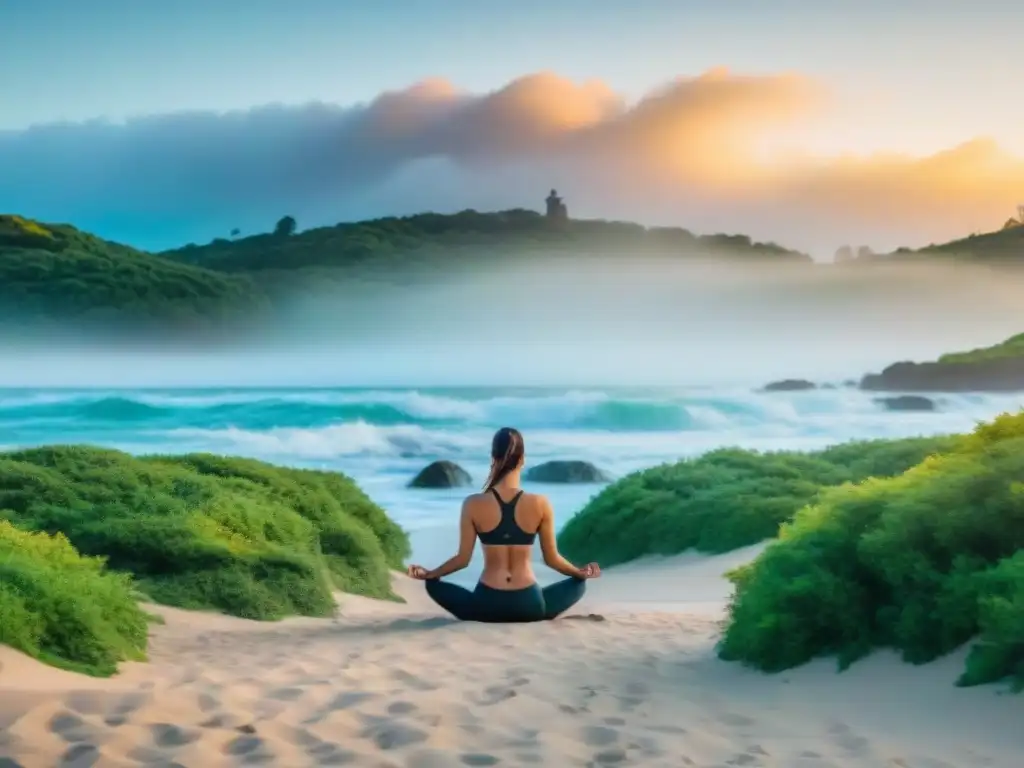 Imagen detallada de una playa tranquila en Uruguay al amanecer, reflejando cielos coloridos en aguas calmadas, rodeada de vegetación exuberante y una figura en postura de yoga en la orilla, capturando la esencia del mindfulness y la paz interior en Uruguay