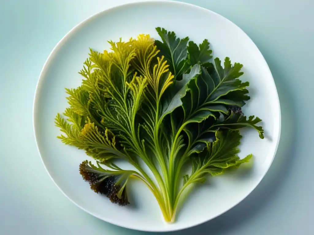 Una imagen detallada y vibrante de algas de colores variados en un plato blanco moderno, resaltando los beneficios de incluir algas en la cocina