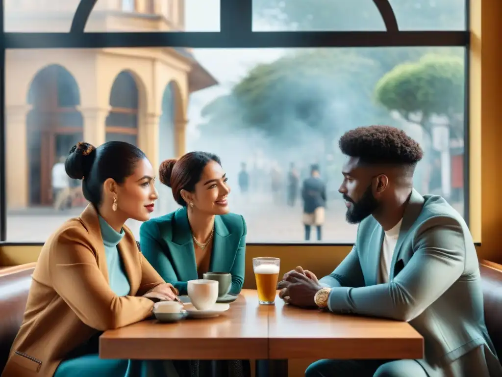 Una imagen que refleja la diversidad cultural en relaciones interpersonales con respeto y unidad en una cafetería moderna en Uruguay