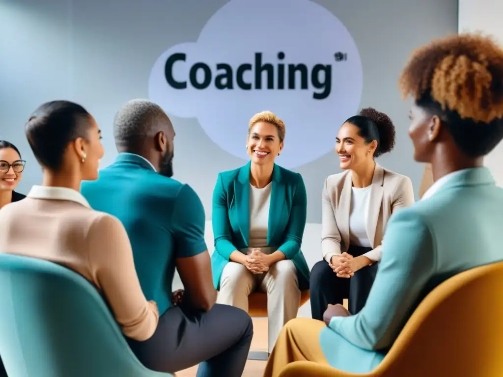 Una imagen de un grupo diverso en una sesión de coaching, transmitiendo confianza y empoderamiento