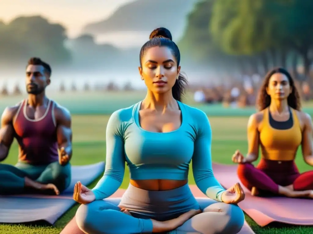 Una imagen moderna y detallada de diversas personas practicando yoga, meditación y mindfulness en un parque de Uruguay