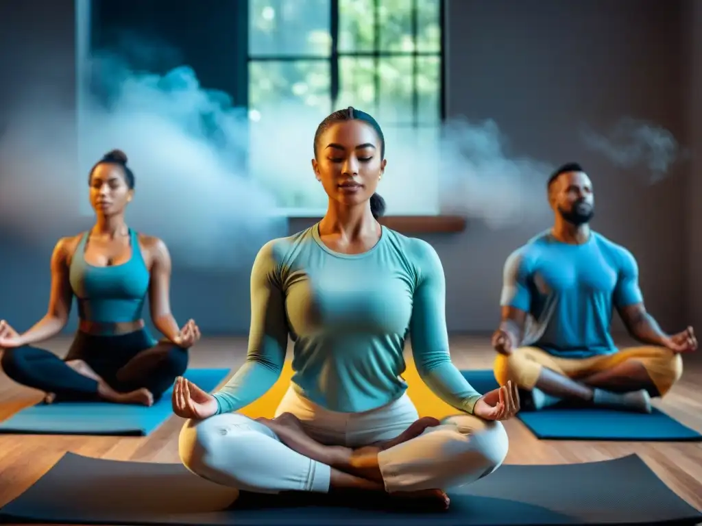 Una imagen moderna y serena de comunidades virtuales de bienestar en Uruguay, con diversidad y armonía en actividades virtuales de yoga y meditación