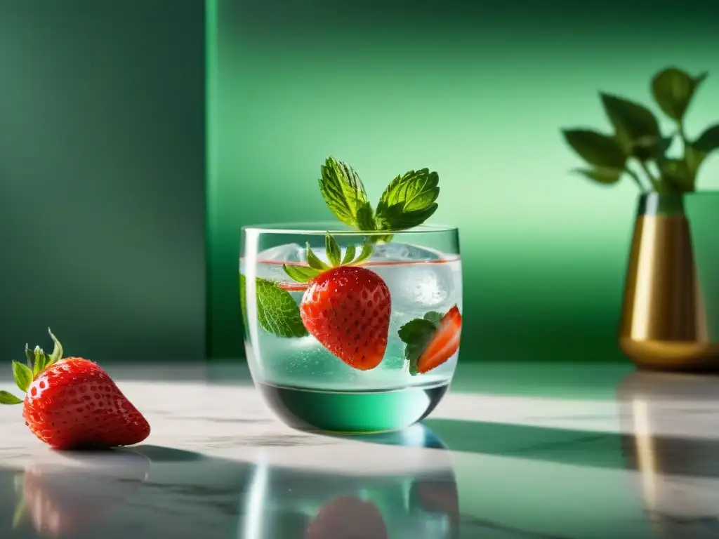 Una imagen refrescante: vaso de agua con fresas, lima y menta en una cocina moderna