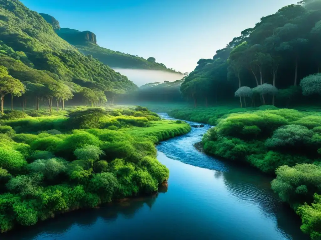 Imagen serena de un paisaje verde en Uruguay con un arroyo cristalino bajo un cielo azul