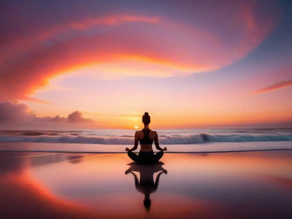 Una imagen serena de yoga al atardecer en la playa de Uruguay, equilibrio y bienestar integral