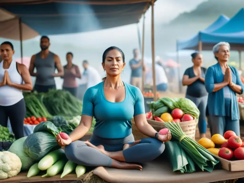 Imagen vibrante de comunidad rural en Uruguay promoviendo la salud integral con yoga, mercado de productos frescos y educación sanitaria