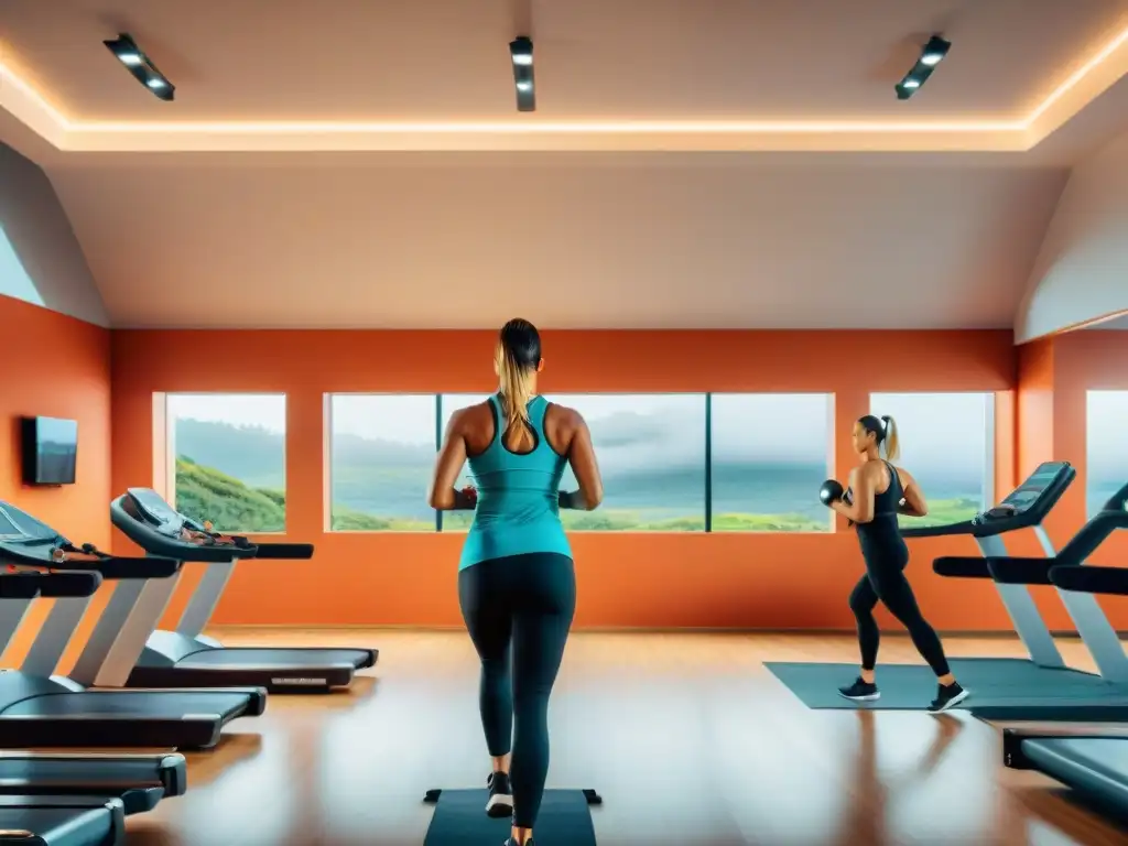 Una imagen vibrante de un grupo diverso practicando fitness en un gimnasio moderno en Uruguay, reflejando energía y comunidad