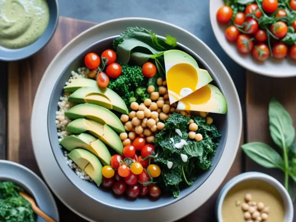 Una imagen vibrante y moderna de un bowl Buddha colorido y nutritivo en una mesa de madera rústica