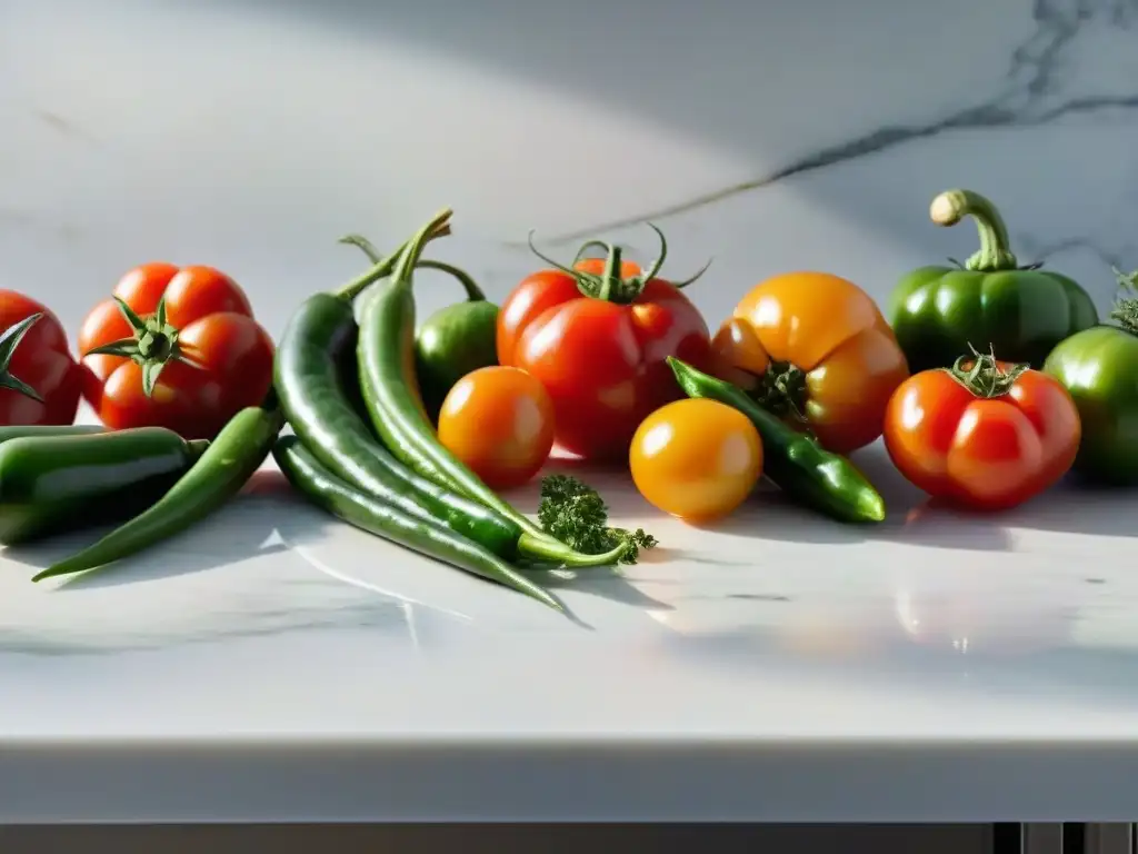 Una imagen vibrante de verduras frescas y coloridas sobre una encimera de mármol blanco, para una receta de carbonada uruguaya bienestar integral