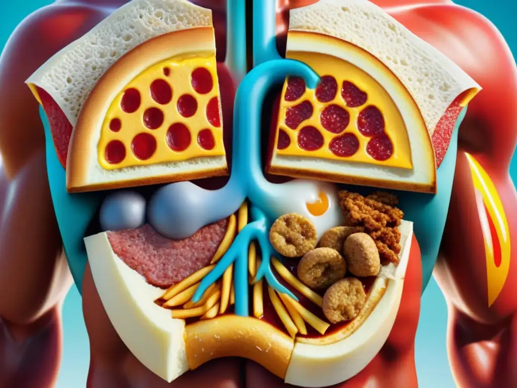 Una impactante representación de los efectos de la comida rápida en el cuerpo humano, contrastando entre arterias obstruidas y órganos saludables