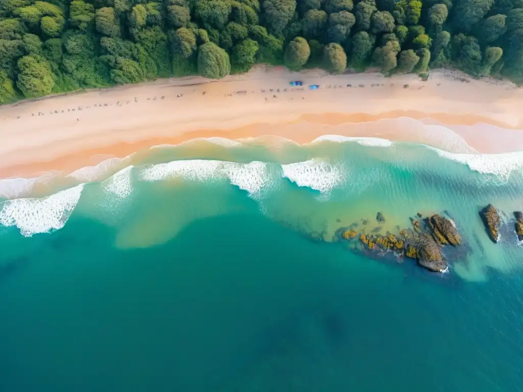 Impacto ambiental del turismo en Uruguay: costa con playas, aguas cristalinas, vegetación y zonas turísticas abarrotadas