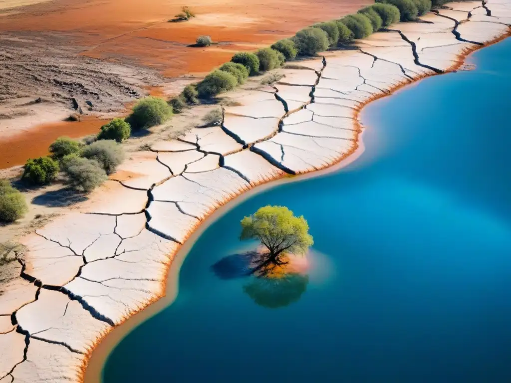 Impacto del cambio climático en el agua de Uruguay: un lecho reseco y agrietado con peces luchando por sobrevivir bajo el sol abrasador