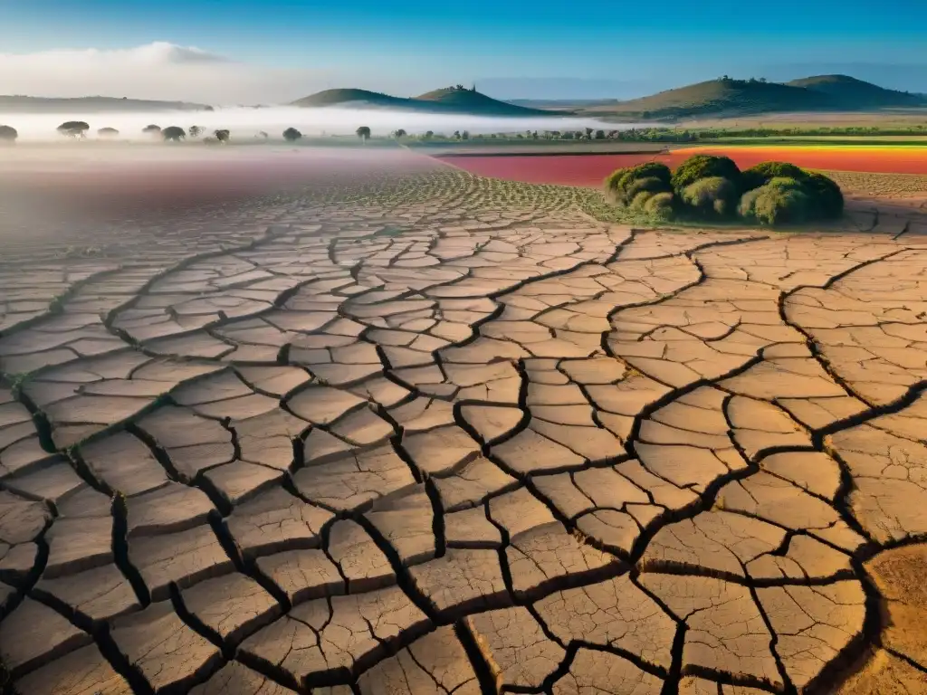 Impacto del cambio climático en la seguridad alimentaria de Uruguay: tierra seca agrietada, cultivos marchitos y comunidad preocupada en busca de agua