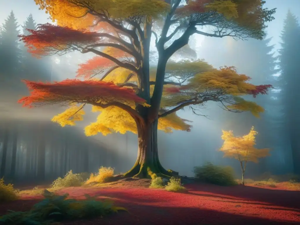 Imponente árbol solitario en un bosque otoñal vibrante, simbolizando adaptabilidad y resiliencia