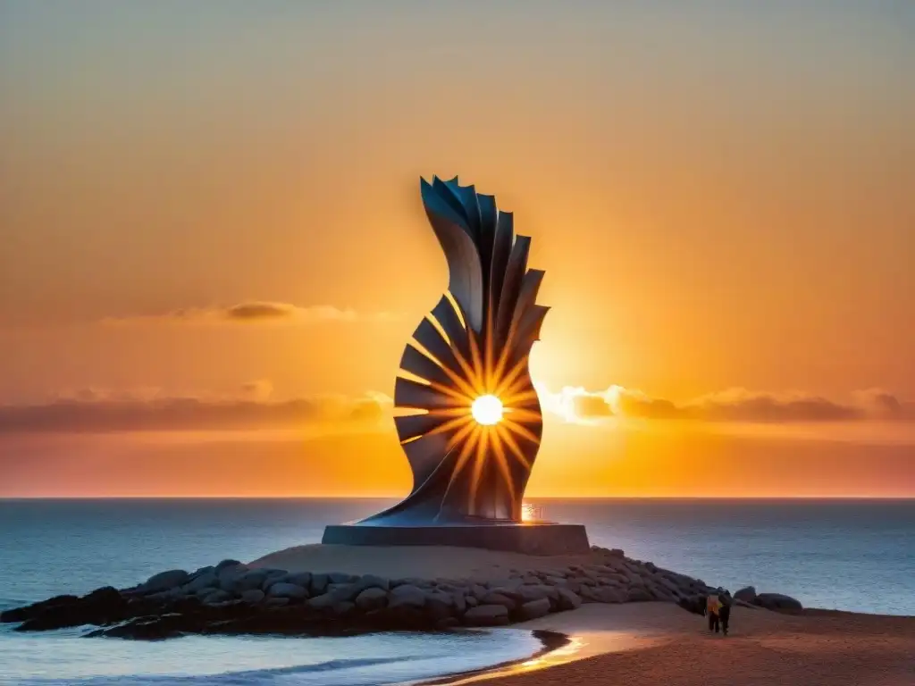 Imponente atardecer en Punta del Este con la emblemática mano y colores vibrantes, transmitiendo el bienestar integral en Uruguay