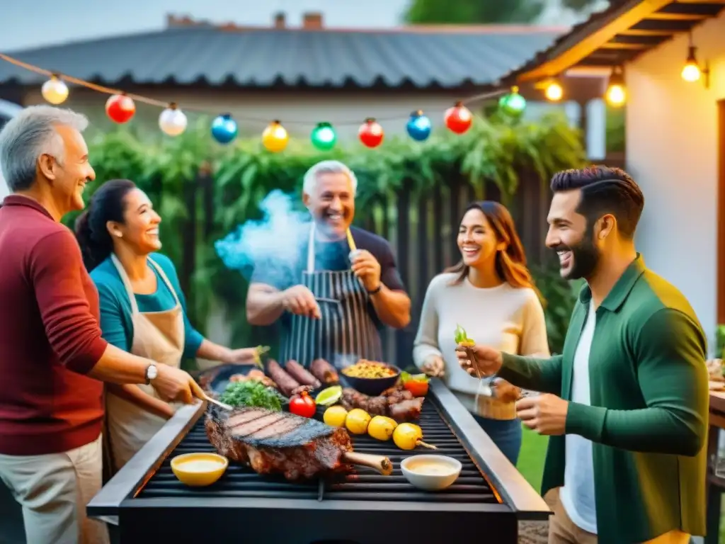 La importancia del bienestar integral en Uruguay: Grupo diverso disfruta un asado tradicional en un patio lleno de vida y color