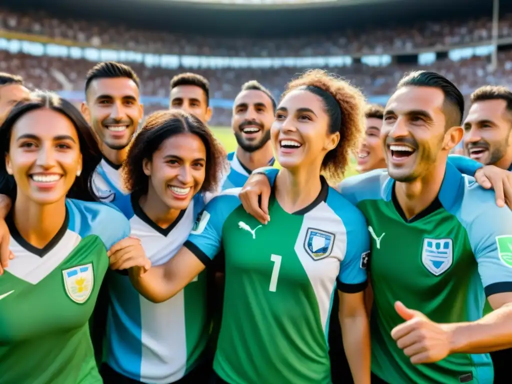 La importancia del fútbol uruguayo en bienestar: grupo diverso sonriendo en campo con Estadio Centenario al fondo