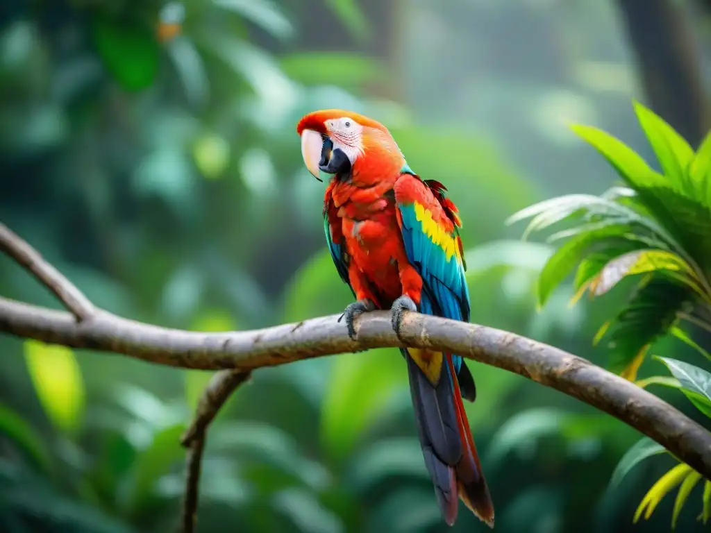 Impresionante avistamiento de aves en Uruguay: un Guacamayo Escarlata perched en un árbol verde en el Parque Nacional Santa Teresa