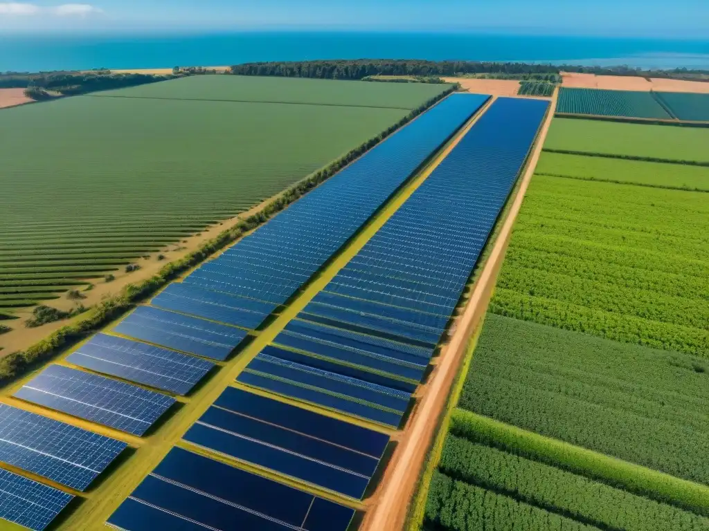 Un impresionante campo solar en Uruguay bajo un cielo azul despejado, con paneles solares relucientes y paisaje verde