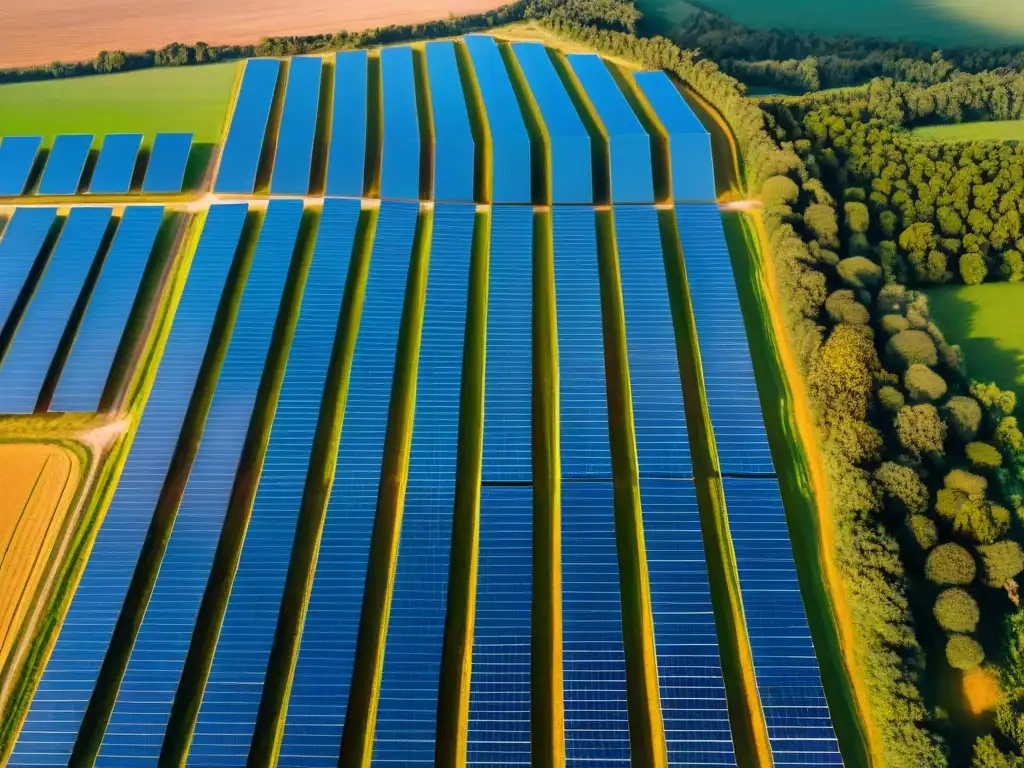 Un impresionante campo solar en Uruguay, con paneles solares brillantes que se extienden hacia el horizonte bajo un cielo azul