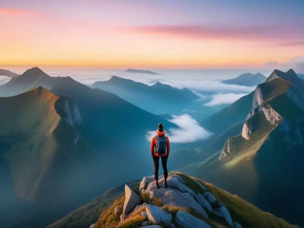 Un individuo en la cima de una montaña, mirando un paisaje impresionante al amanecer