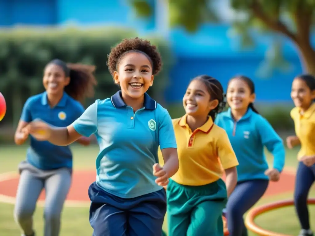 Educación física innovadora en Uruguay: Niños de diversas etnias y habilidades disfrutan de clase al aire libre con juegos inclusivos y coloridos