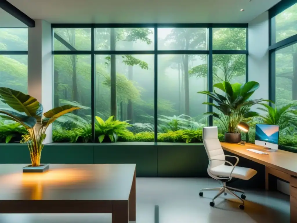 Inspirador espacio de oficina moderna con vista a un bosque verde, fusionando naturaleza y tecnología