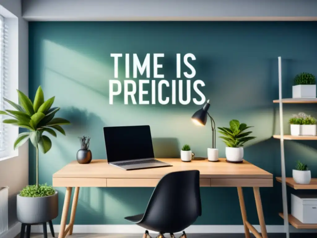 Inspirador espacio de trabajo con frase motivacional 'Time is precious, make it count'