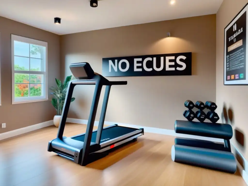 Inspirador gimnasio casero en presupuesto limitado con equipamiento moderno y motivacional, iluminado por luz natural