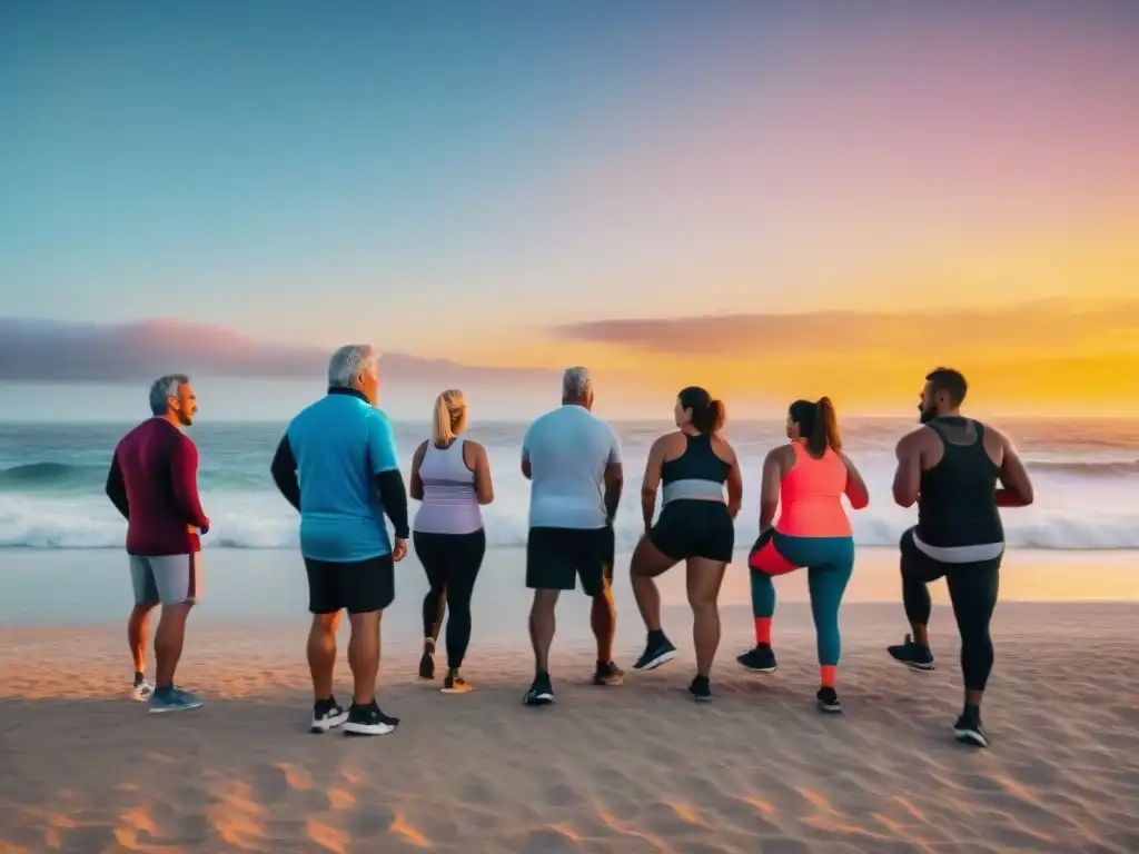 Inspirador grupo variado haciendo ejercicio en la playa de Uruguay al atardecer