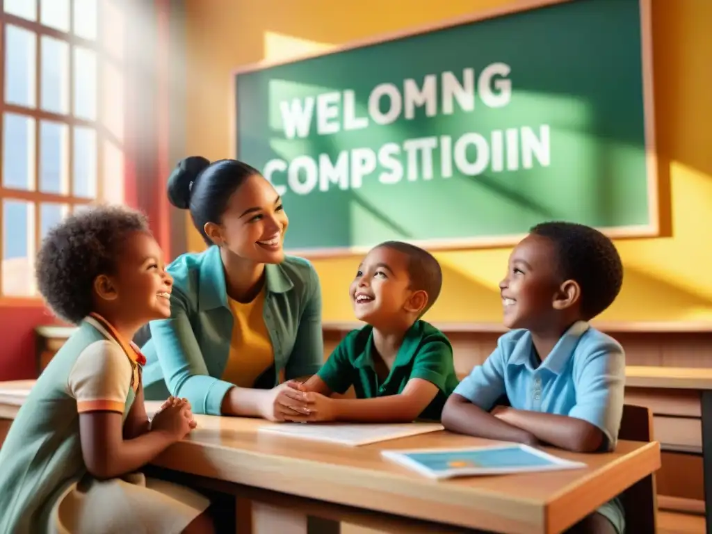 Inspiradora escena de diversidad en un aula: niños de diferentes culturas disfrutan de una animada discusión bajo la cálida luz del sol