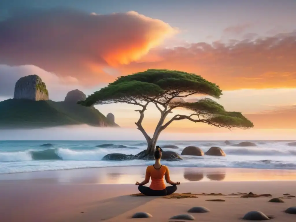 Un instante de equilibrio vida trabajo en Uruguay: atardecer sereno en la playa, figura practicando yoga al sol poniente