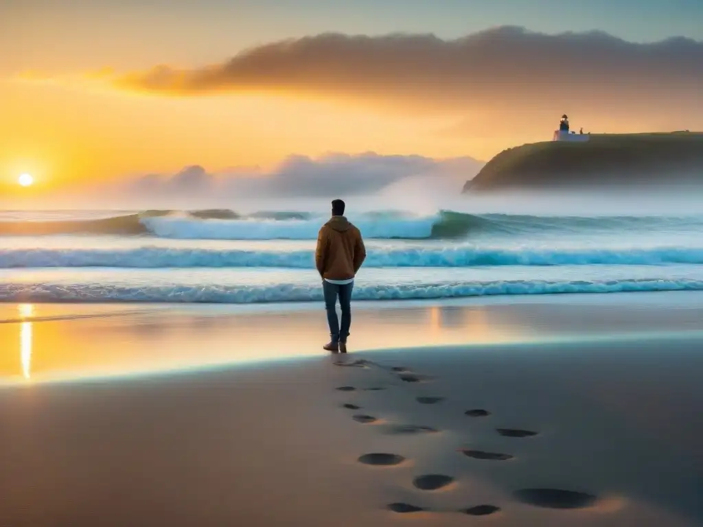 Un instante de paz en la playa de Uruguay al atardecer, con tratamiento integral del asma en Uruguay