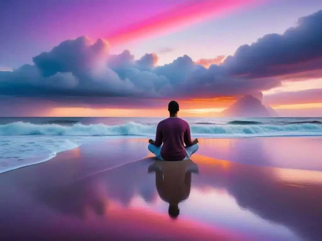 Un instante de meditación en la serena playa de Uruguay al atardecer