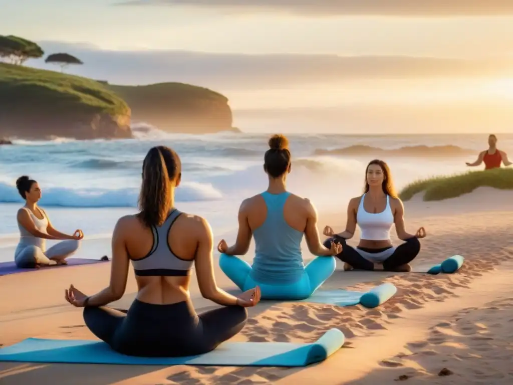 Instructor de yoga guía sesión en la playa de Punta del Este, Uruguay, mostrando los beneficios del yoga para el bienestar