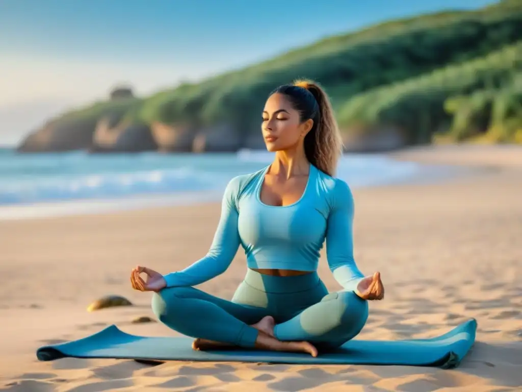 Una instructora de yoga lidera una sesión relajante en la playa en Uruguay, creando una atmósfera de turismo saludable y bienestar