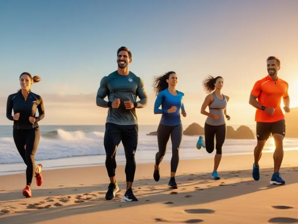 Instructores de educación física en Uruguay lideran una sesión de entrenamiento avanzado en la playa al amanecer