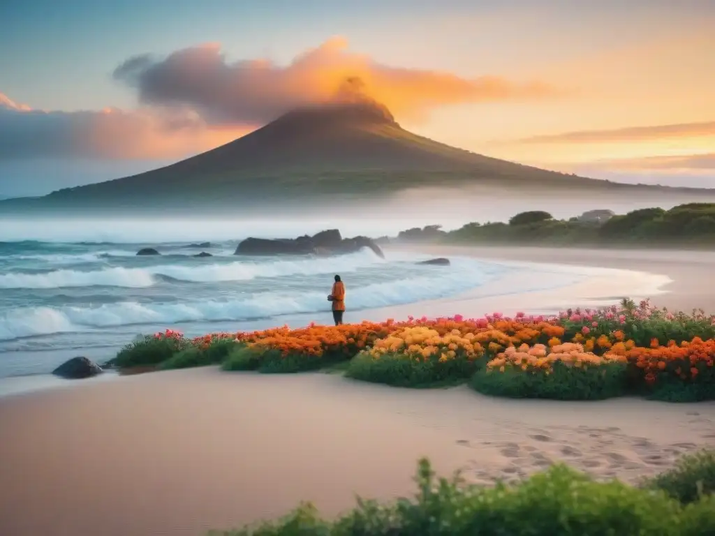 Meditación integral para bienestar uruguayo: Un atardecer sereno en una playa uruguaya, con olas suaves y una figura meditando en la arena