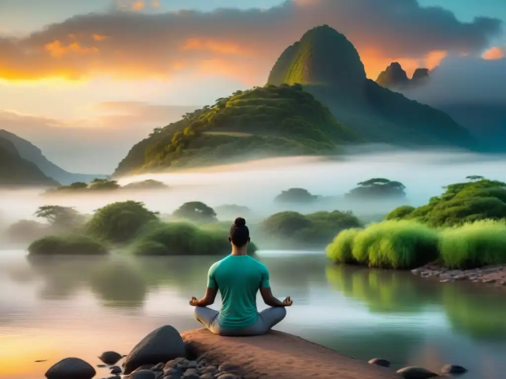 Meditación integral para bienestar uruguayo: Ilustración digital serena con paisaje verde del Río de la Plata y figura meditando al atardecer