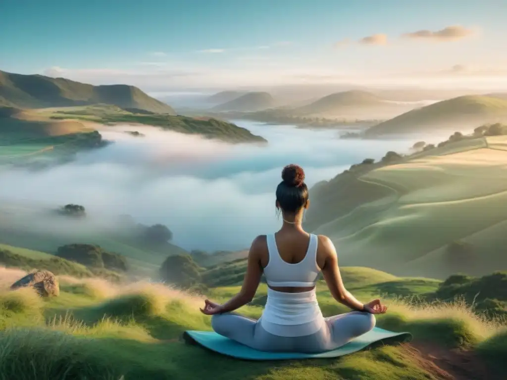 Meditación integral para bienestar uruguayo: Ilustración digital de paisaje sereno al amanecer con meditación y tecnología armoniosas