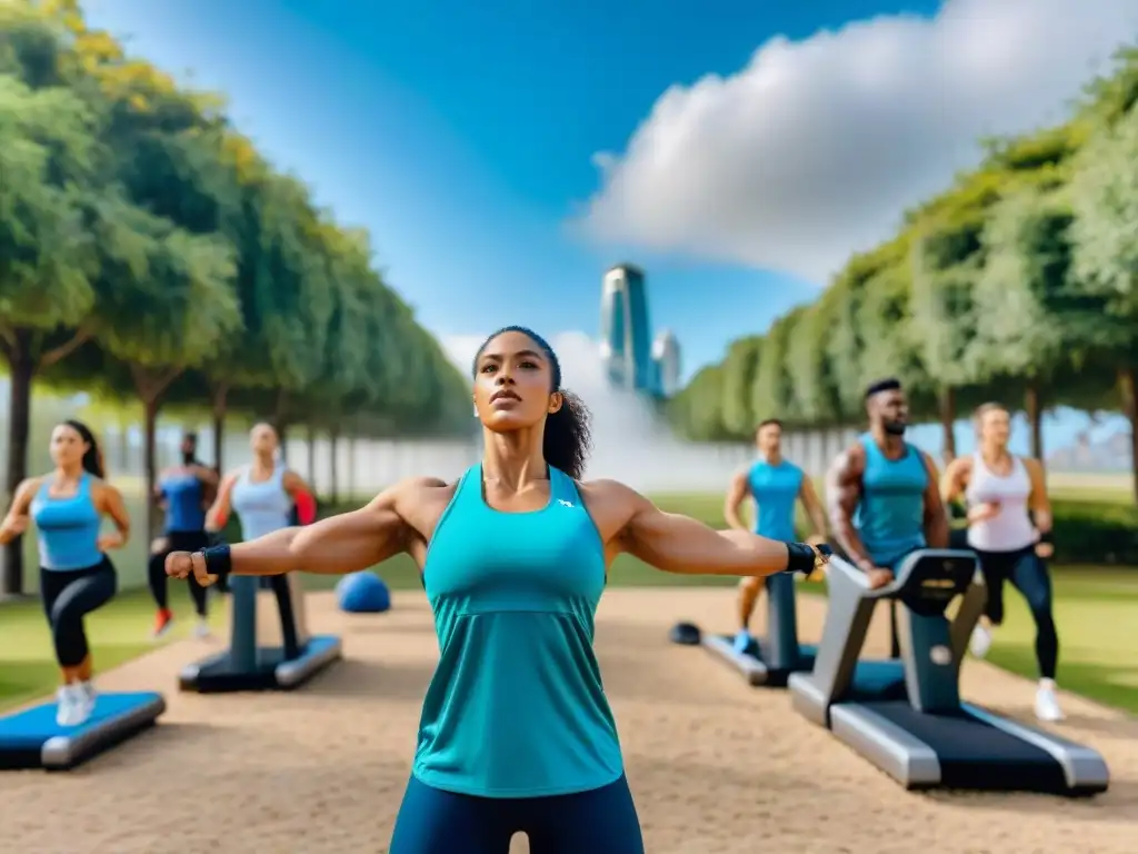 Educación física integral en Uruguay: Estudiantes diversificados realizan intenso entrenamiento al aire libre en un gimnasio futurista y vibrante