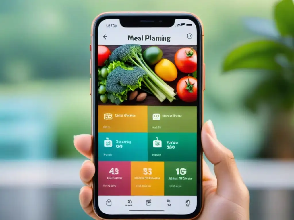 Interfaz de app para planificar menús saludables con opciones coloridas y recomendaciones personalizadas
