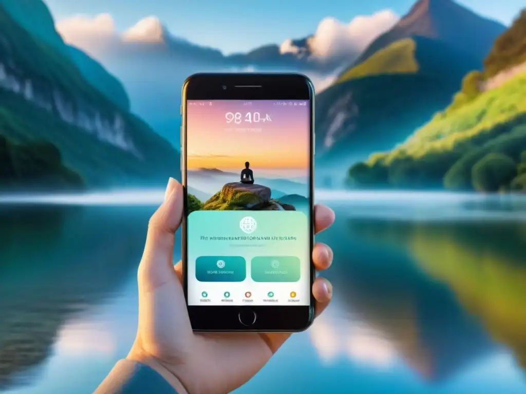 Una interfaz de aplicación mindfulness con colores suaves y naturaleza, para bienestar mental y físico