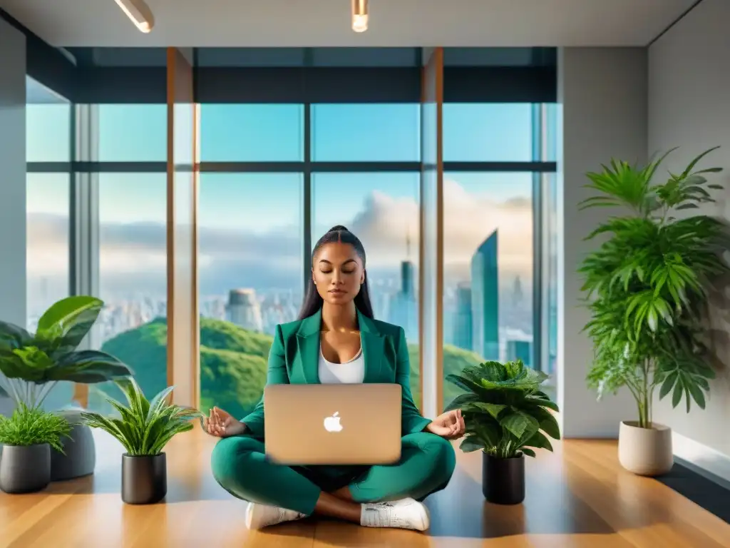 Inversiones en bienestar emprendedor Uruguay: Empresaria concentrada meditando en oficina moderna con plantas y vista a la ciudad