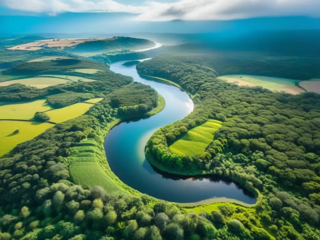 Inversiones en bienestar emprendedor Uruguay: Paisaje sereno de colinas verdes, bosques vibrantes y río sinuoso bajo cielo azul