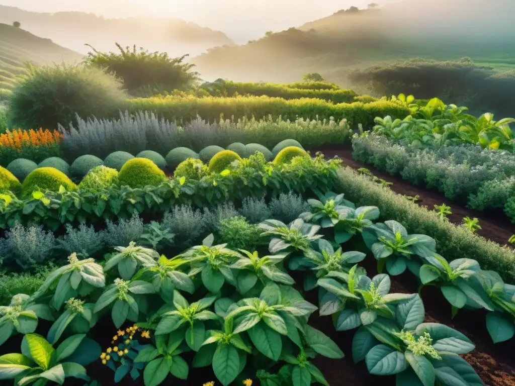 Un jardín de hierbas adaptógenas en Uruguay, con Ashwagandha, Rhodiola y Albahaca Sagrada, bañado por la luz dorada