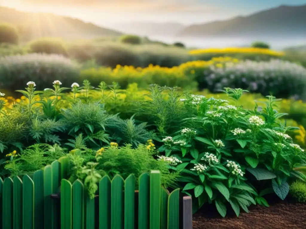 Un jardín de hierbas exuberante en Uruguay, con tonos verdes vibrantes y abejas revoloteando sobre menta, manzanilla y verbena