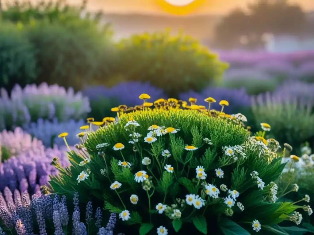 Un jardín de hierbas medicinales uruguayas al atardecer, con colores vibrantes y sombras alargadas, ideal para combatir el estrés y mejorar el sueño